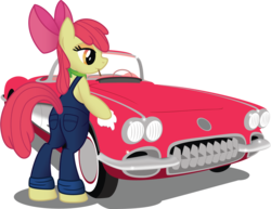 Size: 1364x1052 | Tagged: safe, artist:drawponies, artist:jakage, apple bloom, earth pony, pony, g4, bipedal, car, chevrolet, chevrolet corvette, clothes, corvette, corvette c1, female, overalls, simple background, solo, transparent background