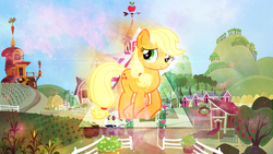 Size: 1920x1080 | Tagged: safe, artist:divideddemensions, applejack, g4, female, solo, sweet apple acres, vector, wallpaper