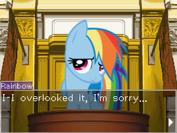 Size: 256x192 | Tagged: safe, rainbow dash, g4, ace attorney, courtroom, female, parody, solo, trial, witness stand