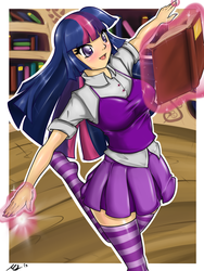 Size: 1024x1365 | Tagged: dead source, safe, artist:true-artist-mas, twilight sparkle, human, g4, book, clothes, female, humanized, library, magic, nail polish, skirt, socks, solo, striped socks, thigh highs