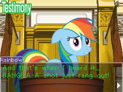 Size: 256x192 | Tagged: safe, rainbow dash, g4, ace attorney, courtroom, female, solo, testimony, trial, witness stand