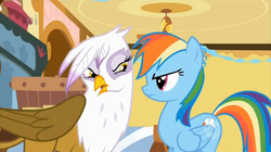 Size: 638x358 | Tagged: safe, screencap, gilda, rainbow dash, griffon, g4, griffon the brush off, angry, sugarcube corner