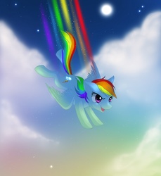 Size: 2192x2391 | Tagged: safe, artist:jacky-bunny, rainbow dash, g4, cloud, female, flying, moon, night, night sky, open mouth, rainbow trail, sky, solo, spread wings, starry night, wings
