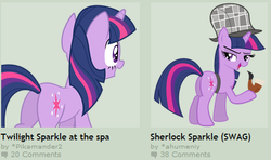 Size: 431x255 | Tagged: safe, twilight sparkle, pony, unicorn, g4, bedroom eyes, butt, deerstalker, detective, deviantart, exploitable meme, hat, juxtaposition, juxtaposition win, meme, meta, pipe, plot, selfcest, sherlock sparkle, unicorn twilight