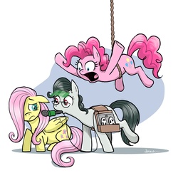 Size: 1060x1031 | Tagged: safe, artist:pedantia, fluttershy, pinkie pie, oc, oc:front page, g4, andrea libman, everfree northwest, microphone, mouth hold, rope