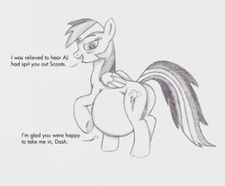Size: 1024x847 | Tagged: safe, artist:paunchy-vore, rainbow dash, scootaloo, pegasus, pony, g4, belly, blushing, butt, female, fetish, impossibly large belly, mare, monochrome, plot, preddash, scootaprey, traditional art, vore