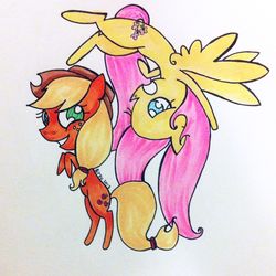 Size: 1280x1279 | Tagged: safe, artist:airyu, applejack, fluttershy, g4, traditional art