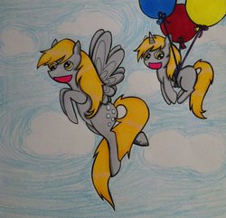 Size: 1280x1233 | Tagged: safe, artist:airyu, derpy hooves, dinky hooves, pegasus, pony, g4, female, flying, mare, traditional art