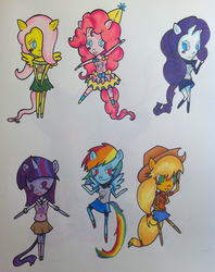 Size: 1013x1280 | Tagged: safe, artist:airyu, applejack, fluttershy, pinkie pie, rainbow dash, rarity, twilight sparkle, anthro, g4, ambiguous facial structure, mane six, traditional art