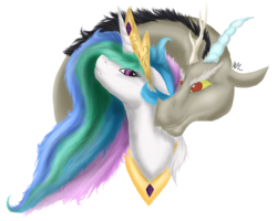 Size: 1000x800 | Tagged: safe, artist:unicornblood97, discord, princess celestia, alicorn, draconequus, pony, g4, bust, duo, duo male and female, female, male, mare, ship:dislestia, shipping, simple background, straight, transparent background