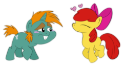 Size: 950x492 | Tagged: safe, artist:wonderboltdash, apple bloom, snips, g4, blushing, eyes closed, female, heart, male, shipping, simple background, smiling, snipsbloom, straight