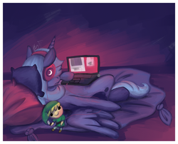 Size: 3100x2500 | Tagged: safe, artist:kaokay, princess luna, gamer luna, g4, female, headphones, laptop computer, link, pillow, solo, the legend of zelda