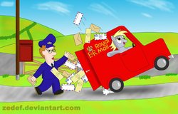 Size: 1117x715 | Tagged: safe, artist:vectoredthrust, derpy hooves, human, pegasus, pony, g4, car, crossover, hijacking, postman pat, unamused, van