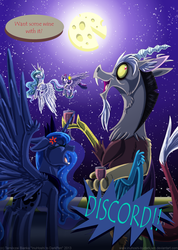 Size: 900x1267 | Tagged: safe, artist:inuhoshi-to-darkpen, discord, princess celestia, princess luna, twilight sparkle, alicorn, draconequus, pony, g4, angry, butt, celestia is not amused, cheese, discord being discord, female, luna is not amused, male, mare, plot, ship:lunacord, shipping, straight, this will end in pain, this will end in petrification, twilight sparkle (alicorn), varying degrees of amusement, yelling