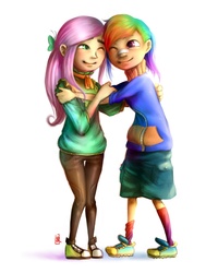 Size: 1600x2000 | Tagged: safe, artist:voyager, fluttershy, rainbow dash, human, g4, duo, female, humanized, lesbian, ship:flutterdash, shipping