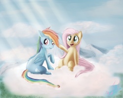 Size: 1000x800 | Tagged: safe, artist:miokomata, fluttershy, rainbow dash, g4, cloud, cloudy