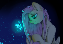 Size: 1500x1040 | Tagged: safe, artist:yukomaussi, fluttershy, butterfly, g4, dark, female, glowing, solo