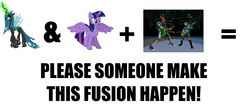 Size: 1200x497 | Tagged: safe, queen chrysalis, twilight sparkle, alicorn, pony, g4, bob, crossover, exploitable meme, female, guitars, image macro, make it happen, mare, megabyte, meme, meta, reboot, reboot series, request, twilight sparkle (alicorn)