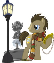 Size: 2500x2935 | Tagged: safe, artist:vector-brony, idw, doctor whooves, time turner, earth pony, pony, g4, clothes, doctor who, fountain, fourth doctor's scarf, male, ponified, scarf, simple background, solo, statue, striped scarf, the doctor, transparent background, vector, weeping angel, weeping pegasus