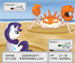 Size: 1300x1098 | Tagged: safe, artist:cambalt, rarity, crab, kingler, pony, unicorn, g4, butt, crossing the memes, crossover, female, fight, mare, marshmallow, meme, plot, pokémon, rarity fighting a giant crab, rarity is a marshmallow, rearity