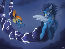 Size: 1280x975 | Tagged: safe, artist:trefleix, soarin', spitfire, g4, flying, trail, wonderbolts uniform