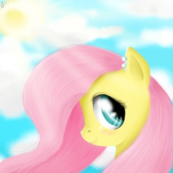 Size: 3000x3000 | Tagged: dead source, safe, artist:vird-gi, fluttershy, pony, g4, blushing, bust, female, high res, looking at you, mare, outdoors, portrait, profile, sky, sky background, smiling, solo