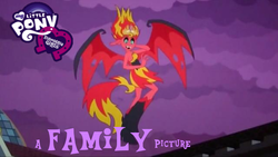 Size: 640x360 | Tagged: safe, screencap, sunset shimmer, equestria girls, g4, my little pony equestria girls, a family picture, bad pun, equestria girls logo, female, funny, funny as hell, nostalgia critic, parody, solo, son of the mask, strawberrypinkie, sunset satan, you know for kids