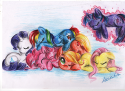 Size: 1024x744 | Tagged: safe, artist:buttersprinkle, applejack, fluttershy, pinkie pie, rainbow dash, rarity, twilight sparkle, g4, cuddle puddle, eyes closed, floating, floppy ears, levitation, magic, mane six, prone, self-levitation, sleeping, smiling, snuggling, telekinesis, traditional art, wink