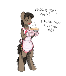 Size: 1280x1477 | Tagged: dead source, safe, artist:gordonfreeguy, oc, oc only, oc:joen klausen, earth pony, pony, apron, bipedal, clothes, food, pie, solo