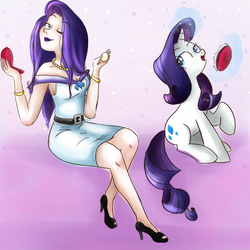 Size: 1024x1024 | Tagged: safe, artist:cosmicponye, rarity, human, pony, unicorn, g4, female, human ponidox, humanized, magic, mare, powder puff, self paradox, self ponidox, telekinesis