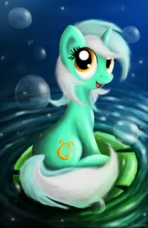 Size: 1218x1885 | Tagged: safe, artist:mrpudding701, lyra heartstrings, pony, unicorn, g4, female, leaf, looking at you, smiling, solo, water