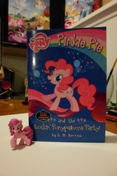 Size: 3072x4608 | Tagged: safe, pinkie pie, g4, my little pony chapter books, my little pony: pinkie pie and the rockin' ponypalooza party!, blind bag, book, figure, irl, merchandise, photo, toy