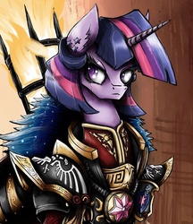 Size: 955x1107 | Tagged: safe, artist:europamaxima, twilight sparkle, pony, g4, adepta sororitas, aquila, armor, canoness, female, mare, power armor, powered exoskeleton, scar, solo, warhammer (game), warhammer 40k