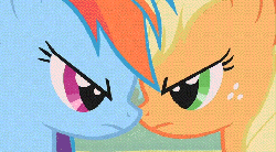 Size: 704x390 | Tagged: safe, artist:superedit, edit, edited screencap, screencap, applejack, rainbow dash, fall weather friends, g4, animated, female, spit, spit on face, spitting, the great and powerful superedit, wat