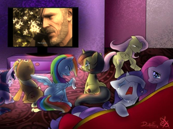 Size: 667x500 | Tagged: safe, applejack, fluttershy, pinkie pie, rainbow dash, rarity, twilight sparkle, oc, oc:pauly sentry, g4, big boss, crying, exploitable meme, mane six, meme, metal gear, metal gear solid, sad, sad movie meme