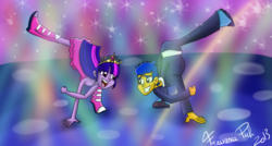 Size: 800x430 | Tagged: safe, artist:airy-f, flash sentry, twilight sparkle, equestria girls, g4, my little pony equestria girls, dancing, do the sparkle, element of magic, fall formal outfits, female, male, ship:flashlight, shipping, straight
