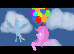 Size: 2200x1600 | Tagged: safe, artist:elnachato, pinkie pie, rainbow dash, g4, balloon, fourth wall, then watch her balloons lift her up to the sky