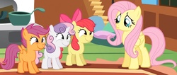 Size: 1363x579 | Tagged: safe, screencap, apple bloom, fluttershy, scootaloo, sweetie belle, g4, stare master, cutie mark crusaders, fluttershy's cottage, pouting, smiling