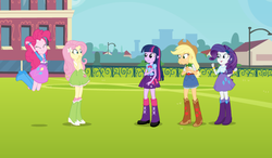 Size: 888x520 | Tagged: safe, applejack, fluttershy, pinkie pie, rarity, twilight sparkle, equestria girls, g4, my little pony equestria girls, canterlot high, clothes, jumping, soccer field