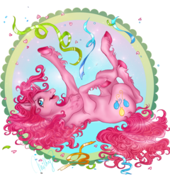 Size: 1571x1639 | Tagged: safe, artist:cigarscigarettes, part of a set, pinkie pie, earth pony, pony, g4, chest fluff, female, mare, on back, simple background, solo, streamers, transparent background, unshorn fetlocks