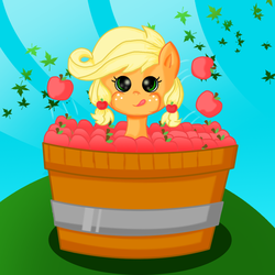 Size: 1000x1000 | Tagged: safe, artist:cheekytcat11, applejack, earth pony, pony, g4, apple, baby, baby pony, babyjack, female, filly, foal, solo