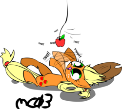 Size: 1876x1679 | Tagged: safe, artist:mushroomcookiebear, applejack, pony, g4, apple, applecat, behaving like a cat, cute, eyes on the prize, female, flailing, happy, jackabetes, on back, silly, silly pony, smiling, solo, swatting, that pony sure does love apples, who's a silly pony