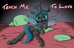 Size: 1275x825 | Tagged: safe, artist:firebrandkun, queen chrysalis, g4, bed, bedroom eyes, female, solo