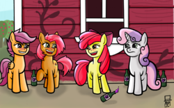 Size: 1272x787 | Tagged: safe, artist:mangameister, apple bloom, babs seed, scootaloo, sweetie belle, g4, blushing, cutie mark crusaders, drunk, drunkaloo, drunker babs, drunker belle, drunker cmc, underaged drinking