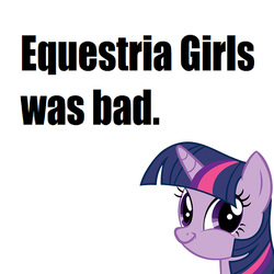Size: 593x593 | Tagged: safe, twilight sparkle, pony, equestria girls, g4, my little pony equestria girls, adventure in the comments, background pony strikes again, captain obvious, female, impact font, mare, master ruseman, obvious troll, op started shit, opinion, simple background, smiling, solo, twiface, white background