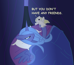 Size: 2224x1936 | Tagged: safe, artist:dazed-and-wandering, princess luna, alicorn, pony, g4, bed, comic sans, depressed, female, forever alone, in bed, meme, puppet, s1 luna, solo