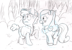 Size: 1024x712 | Tagged: safe, artist:detectivetoony, maybelle, dipper pines, gravity falls, mabel pines, male, monochrome, ponified, sketch