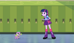 Size: 903x529 | Tagged: safe, spike, twilight sparkle, dog, equestria girls, g4, my little pony equestria girls, duo, spike the dog