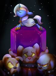 Size: 1080x1466 | Tagged: safe, artist:batlover800, fido, rover, spot, trixie, diamond dog, g4, anklet, annoyed, carrying, clothes, dress, floppy ears, frown, gem, hilarious in hindsight, jewelry, necklace, nose wrinkle, prone, smiling