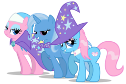 Size: 600x400 | Tagged: safe, artist:mixermike622, aloe, lotus blossom, trixie, earth pony, pony, unicorn, g4, accessory swap, female, mare, simple background, spa twins, transparent background